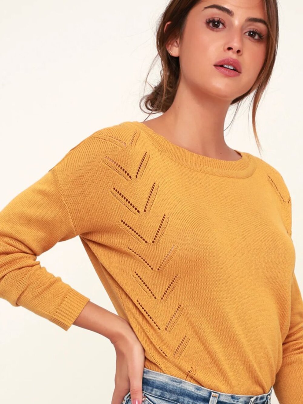 Lulus Pointelle Me More Mustard Yellow Knit Sweater
